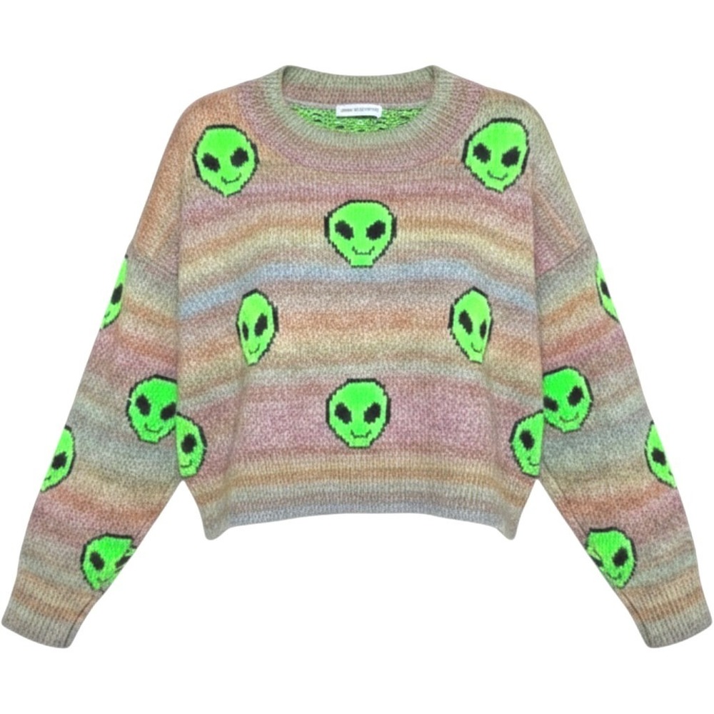 Urban Outfitters Alien Sweater Womens Medium Multi Neon Green Knit Crop Top Y2K